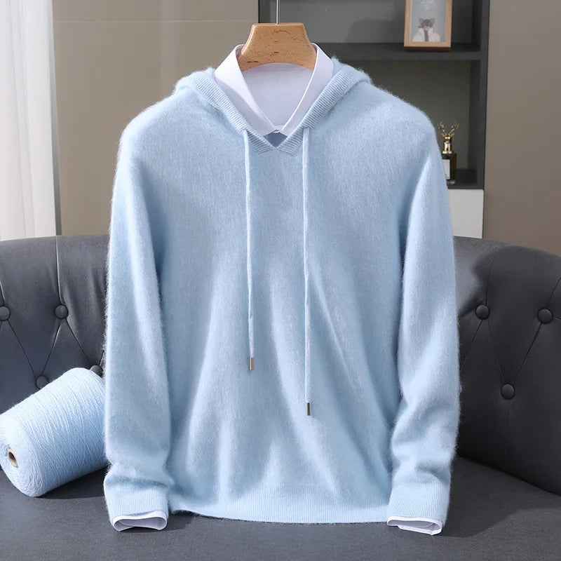2025 Autumn Winter Hooded Collar Mink Cashmere Knitted Sweater Men's Drawstring Pullover High-End Thick Casual Sweater Loose Fit