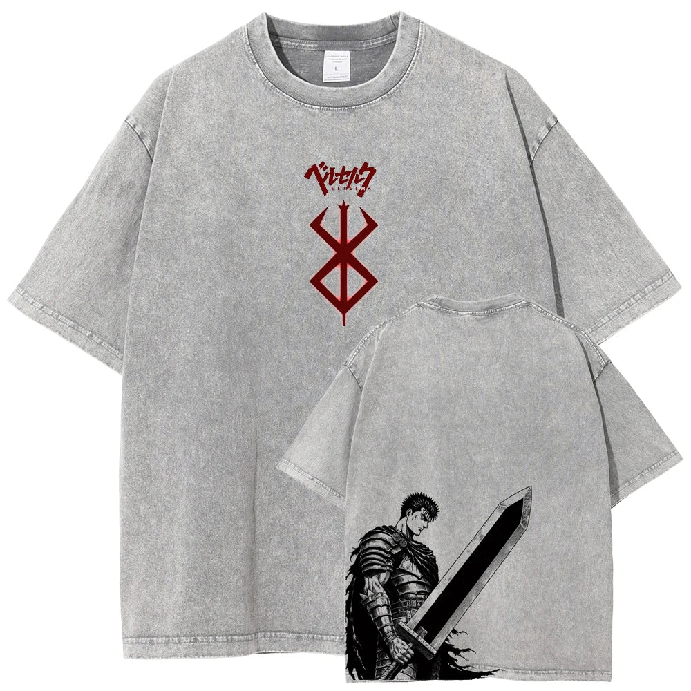 Berserk Guts T Shirt Manga Griffith Printed  T-shirt Men Unisex Clothes Street Vintage Washed Tshirt Short Sleeve Cotton Tees