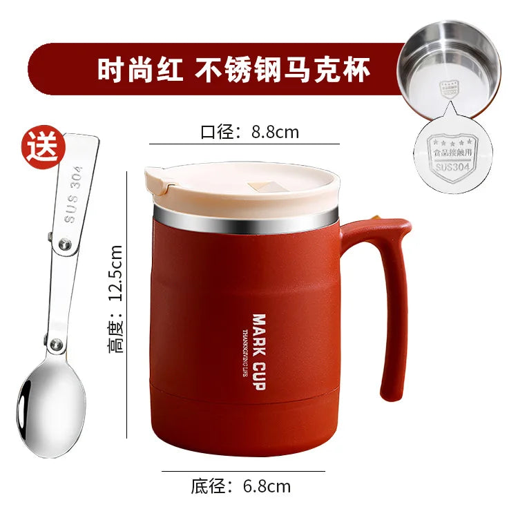 304 Stainless Steel Mug with Lid and Spoon Office Water Cup  High Aesthetic Coffee Cup, Breakfast Cup Water Bottles
