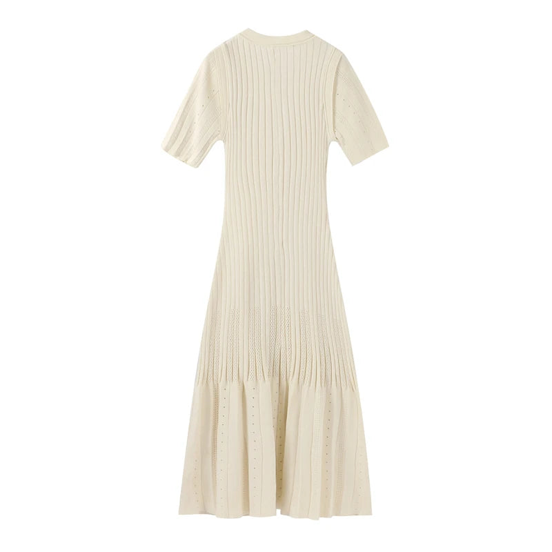Elegant Solid Knitted Long Dress For Women Fashion O Neck Short Sleeve Single Breasted Female Robes 2024 Autumn New Lady Dresses