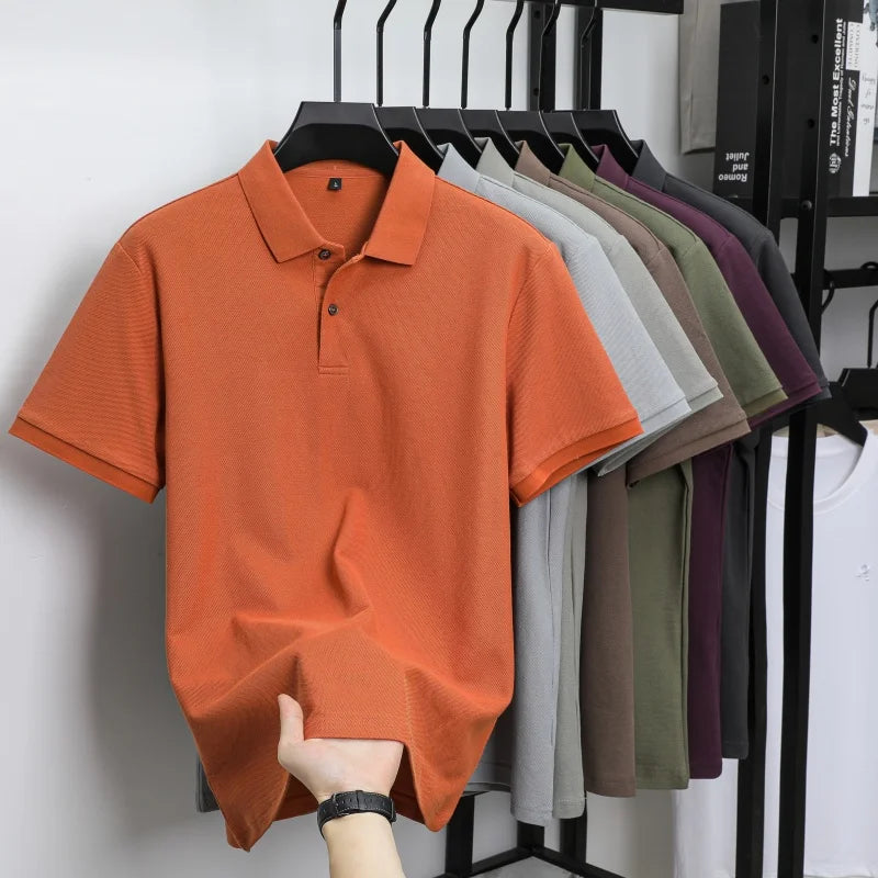 100% Pure Cotton Boutique Short-Sleeved High-End Men's Polo Shirt Summer High-Quality Solid Color Tops Business Casual T-Shirt
