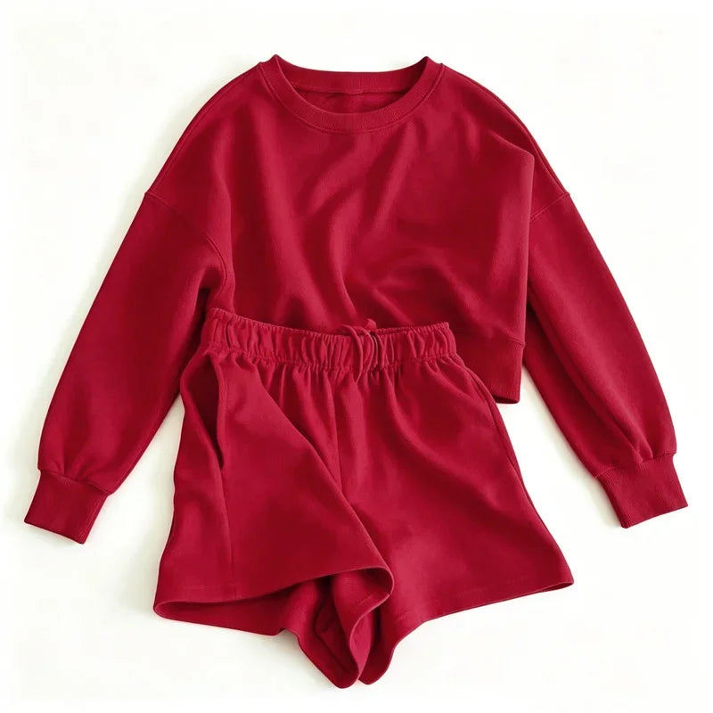 spring summer Womens Round neck long sleeve Sweatshirt Two Piece Set Casual Sweatshirt+shorts suit Daily Womens Tracksuit
