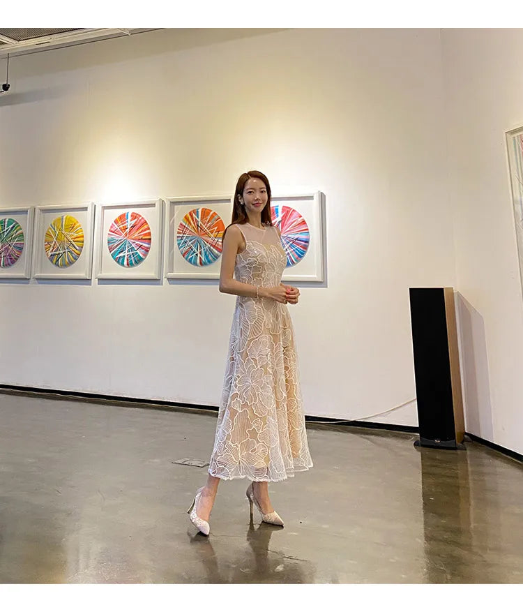 Fashion Slim O-Neck Long Party Casual Dress Hot Sale Summer Dresses Korean Retro Sleeveless Mesh Embroidery Vestidos