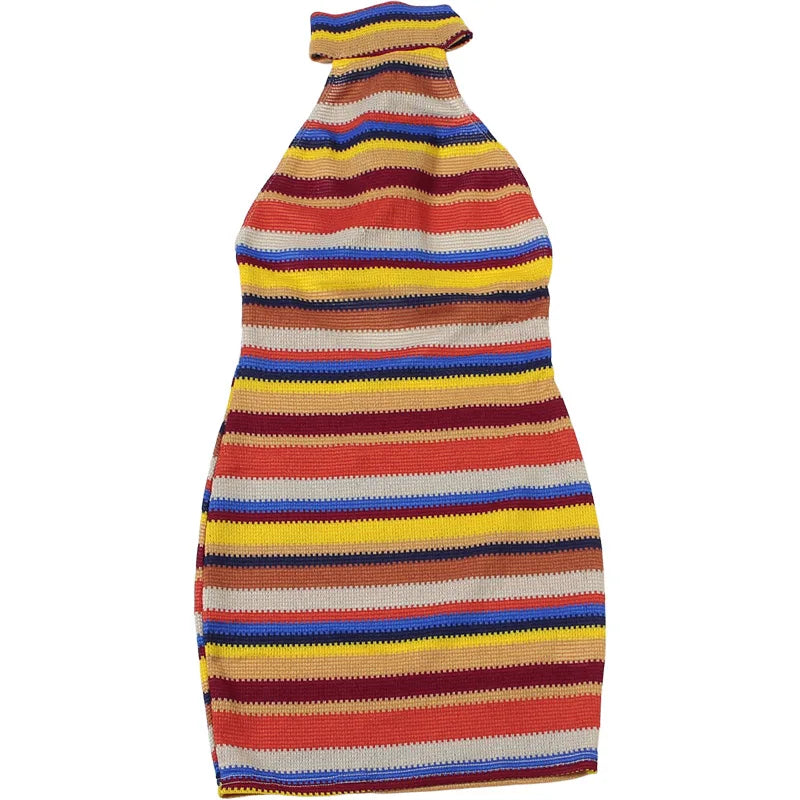 Cryptographic Striped Knit Halter Mini Dress Colorful Contrast Sleeveless Backless Summer Casual Clubwear Bodycon Short Dresses