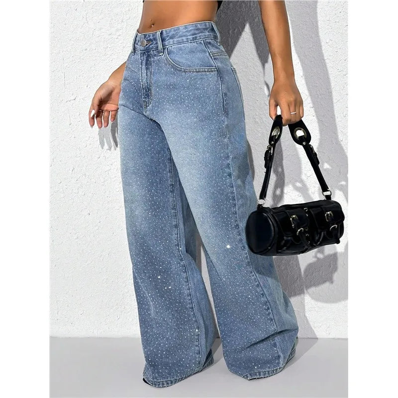Sexy High Waist Straight Leg Women's Jeans Diamond Washed Cotton Blend Long Pants Trendy Fashionable Ladies Premium Denim