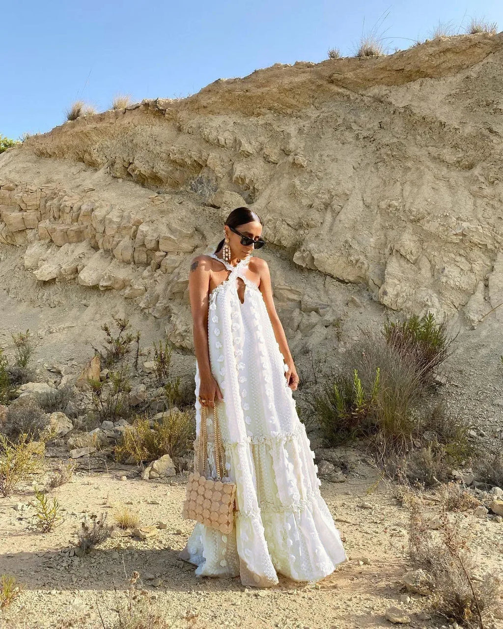 Sleeveless Halter Maxi Summer Dress for Women Fashion Ruffle Beach Long Robe 2025 Elegant Slip Holiday Hollow Out Sundress
