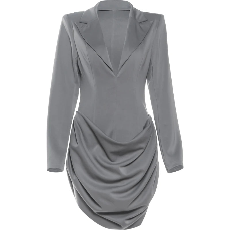 Sisterlinda Classic Ruched Dress Women Lapel Irregular Hem Full Sleeve Skinny Solid Elegant Autumn Trend Commute Office Bodycon