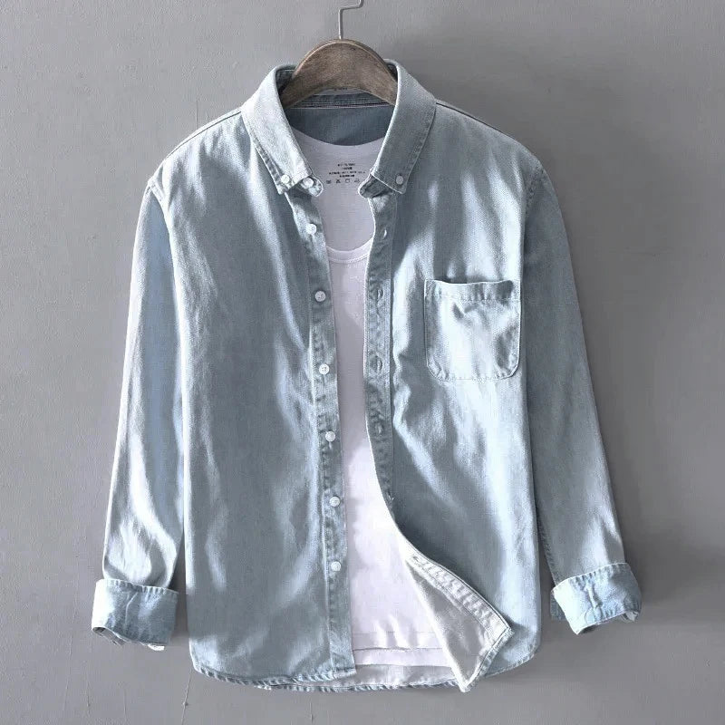 100% Cotton Autumn New Long-sleeved Denim Shirt Men Fashion Casual High Street Male Clothes Top Classic Light Blue Black Gray