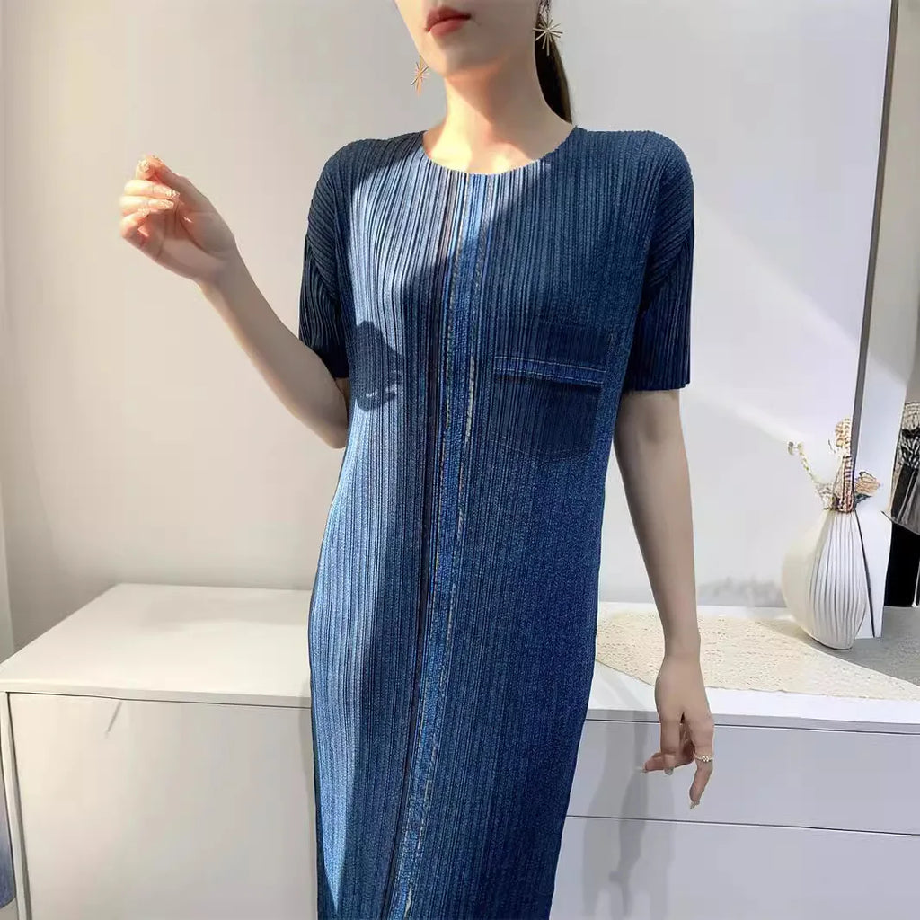 Miyake Pleated Imitation Denim Dress 2025 Summer New Mid-length Slim and Thin Short-sleeved Pleated Skirt