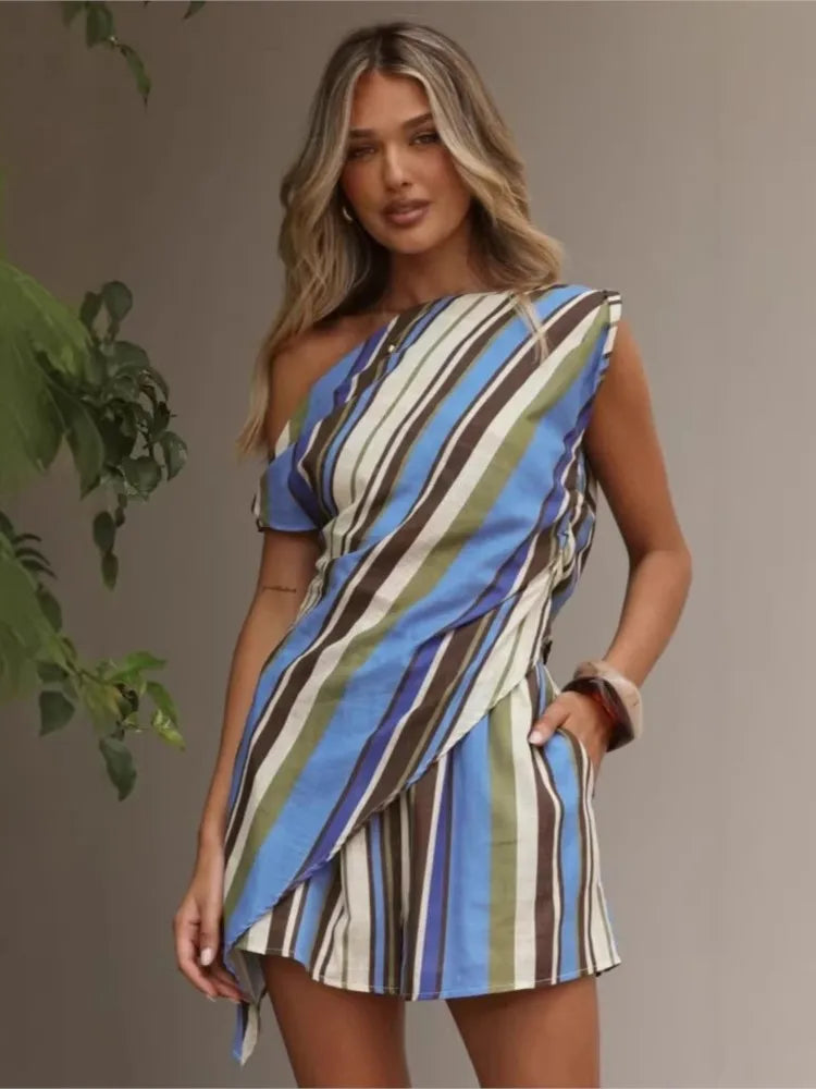 Fashion Elegnat Holiday 2 Piece Set New Summer Printed Off-shoulder Casual Tops And Shorts Suit Womens Clothing
