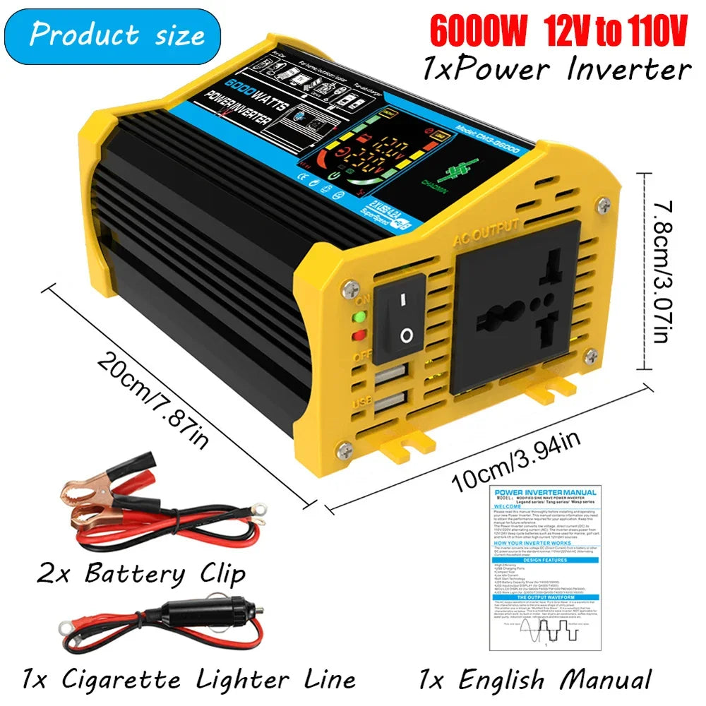 4000/6000W Inverter 12v 220v 110v Modified Sine Wave Car Power Inverter Transformer Convert LCD Display Vehicle Inverter 2USB