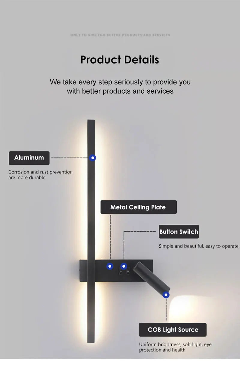 Modern LED Wall Lamps with Switch for Bedroom Indoor LED Wall Lights with 350° Rotatable Spotlight for Kitchen Dinning Room Home