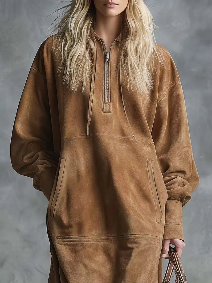 Western Retro Solid Suede Tassel Dresses Woman Turn-down Collar Zipper Loose Dress New Spring Fall Long Sleeve Dress with Pocket