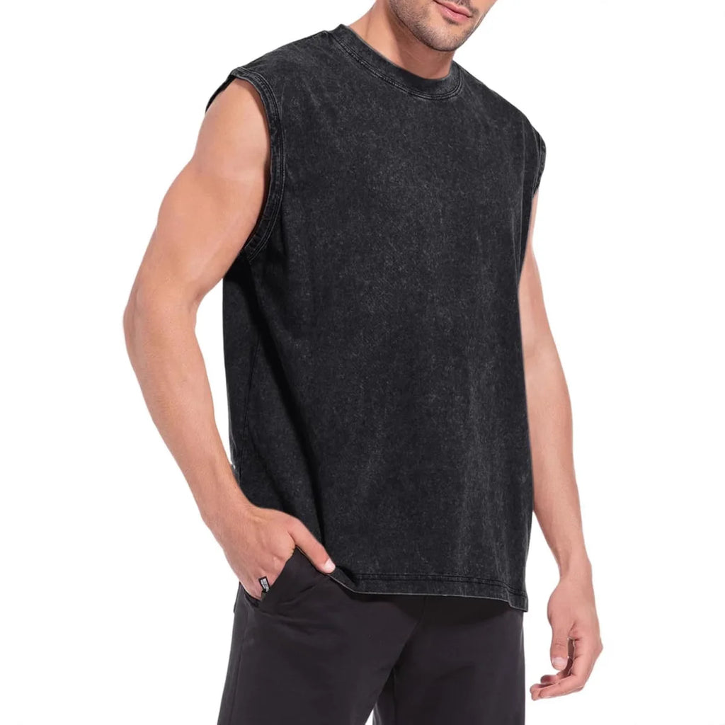 100% Cotton Men's Summer T Vintage Washed Vest Male Tops Round Neck Loose Oversized Large Size Casual Basic Streetwear Vest