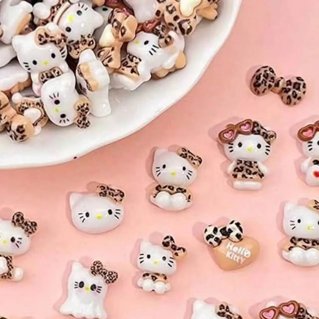 50Pcs Leopard Print Hello Kitty Nail Charms 3D Resin Cartoon Kitty Nail Parts DIY Manicure Decor Accessories