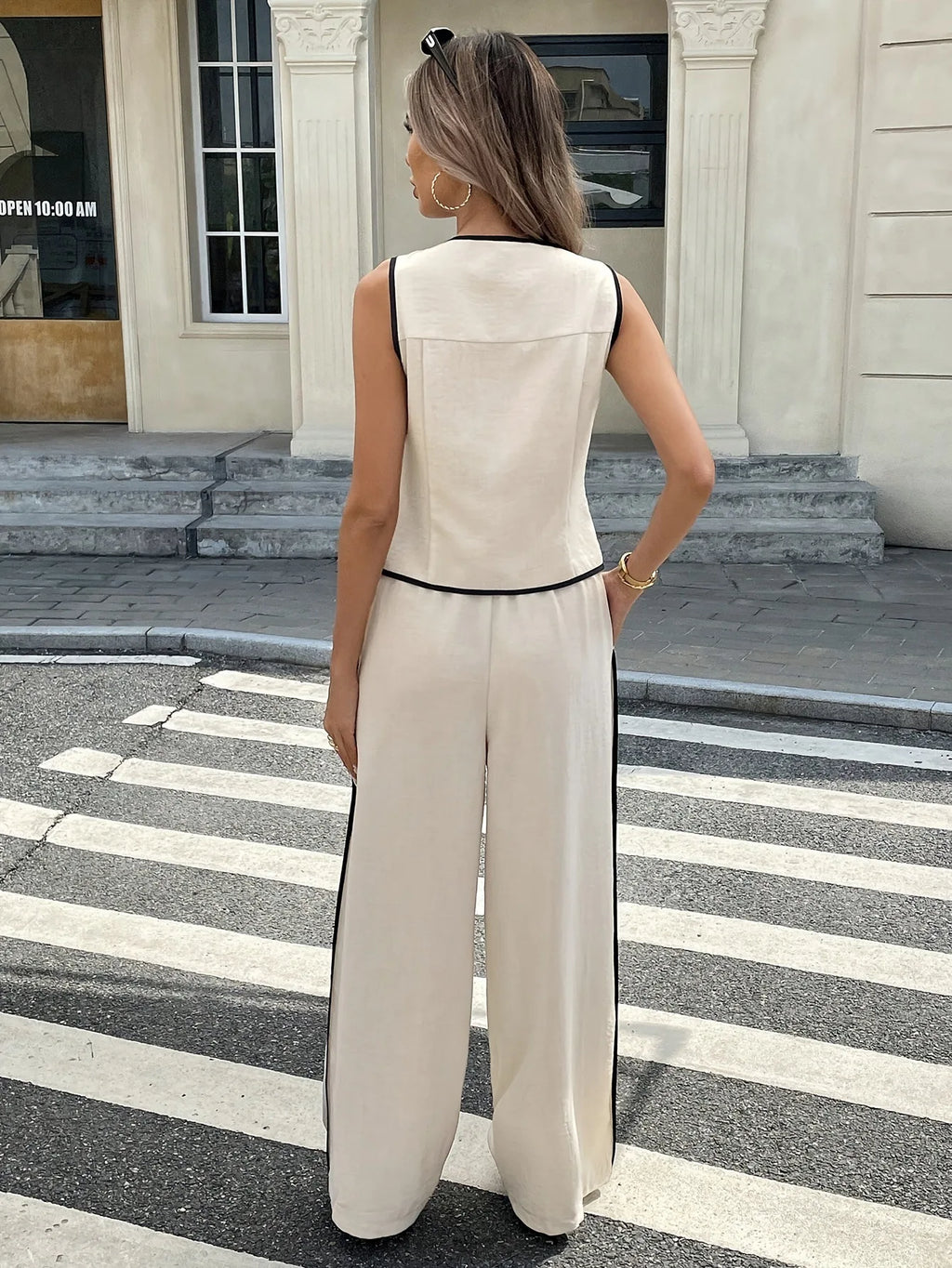 Women Color Block Two Piece Set Sleeveless Single Breasted Vest Drawstring Long Pants European Daily European Casual Daily