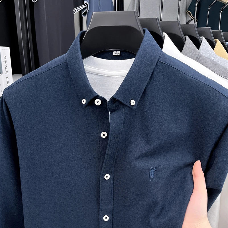 High End 100% Pure Cotton Long Sleeved Men's 2026 Spring Fashion Solid Color Business Casual Small Horse Logo Shirt