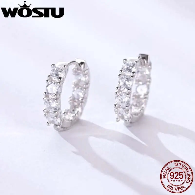 WOSTU Real 925 Sterling Silver Full of Zircon Circel Hoop Earrings For Women S925 Wedding Round Crystal Pendientes Jewelry Gift