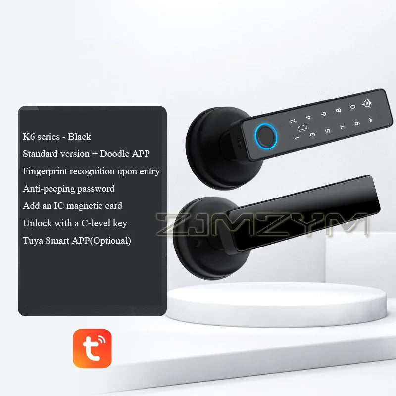Tuya Smart Fingerprint Lock Financial Level Electronic Indoor Lock Handle Lock Support Password/Key/Bluetooth/APP Remote Unlock