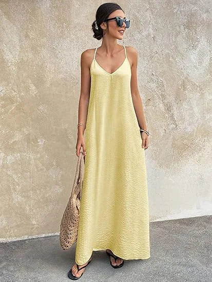 Women's New Solid Color Spaghetti Strap Deep Backless Loose Flowy Maxi Dress Elegant Comfort Casual Trendy Versatile Daily Dress