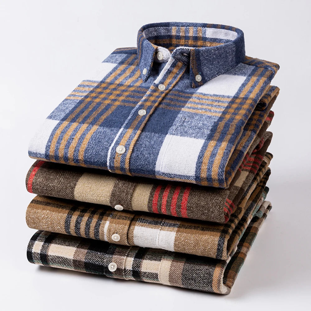 Men's Long Sleeve Flannel Plaid Shirt - Soft Pure Cotton, Button Down Shirts Thick Autumn Winter - Weekend Casual, Going Out