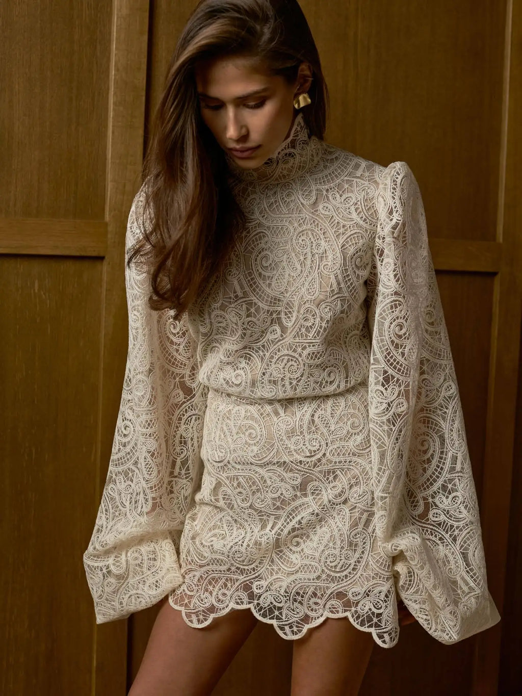 Fashion Lantern-Style High-Neck Lace Two-Piece Set - New Design Women's Co-ord Outfit Top And Bottom Ensemble