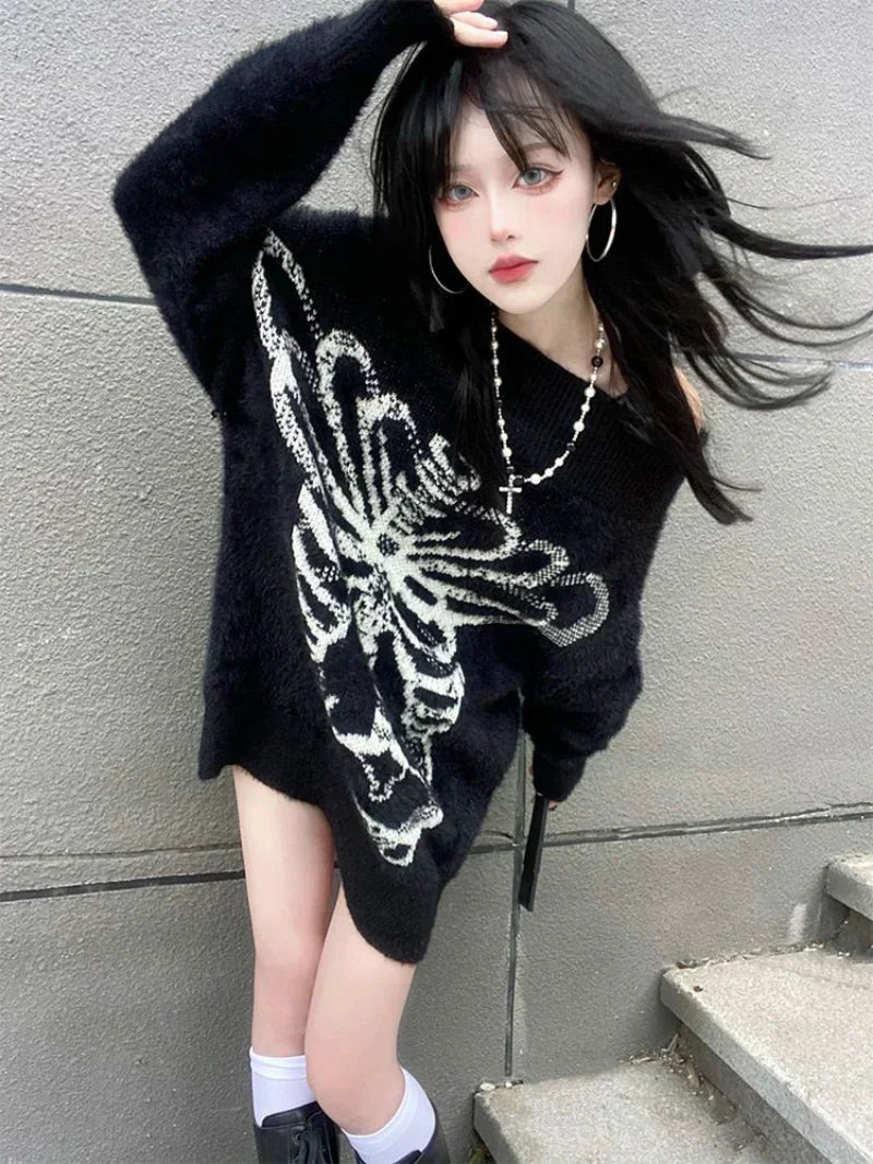 Goth Skull Print Harajuku Sweater Sweater Tops Aesthetic Women's Black Pullover Harajuku Fashion Streetwear Tops 2000