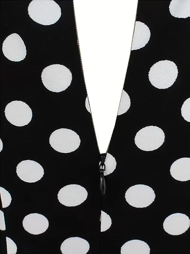 Women Vintage Slim Fitted Polka Summer Crew Neck Short Sleeve Ruffle Hem Knee Length Business Casual Midi Dress