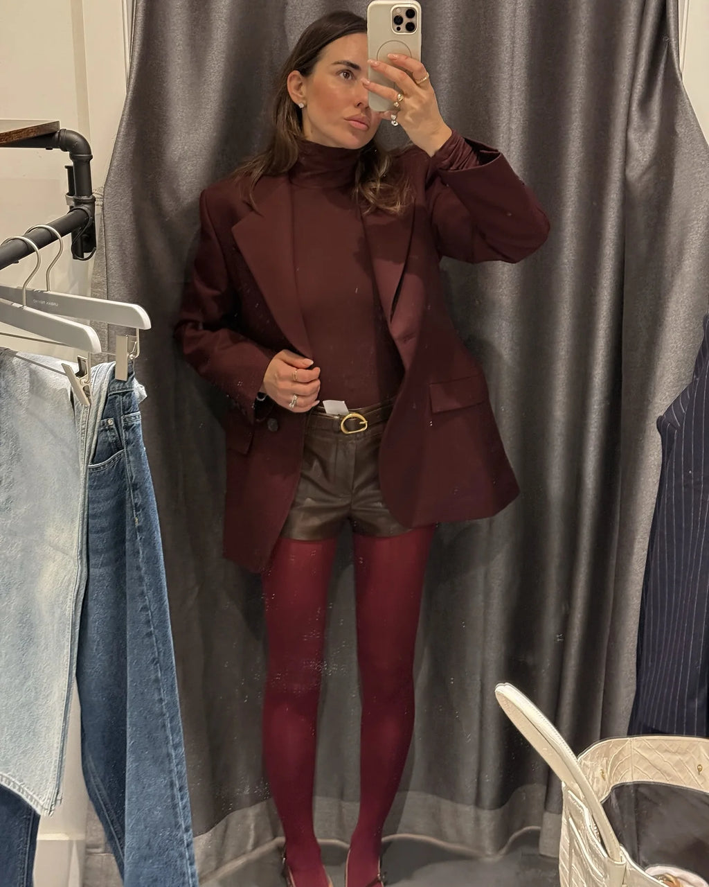 Women Burgundy Waist Cinching Blazer Coat Fashion Full Sleeve Lapel V-neck Button Slim Jacket 2026 Lady Spring Autumn Outwear