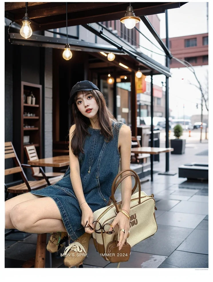 Retro Vest Denim Dress 2025 Summer Fashion Temperament Stitching A Word Street Style Women's Short Skirt