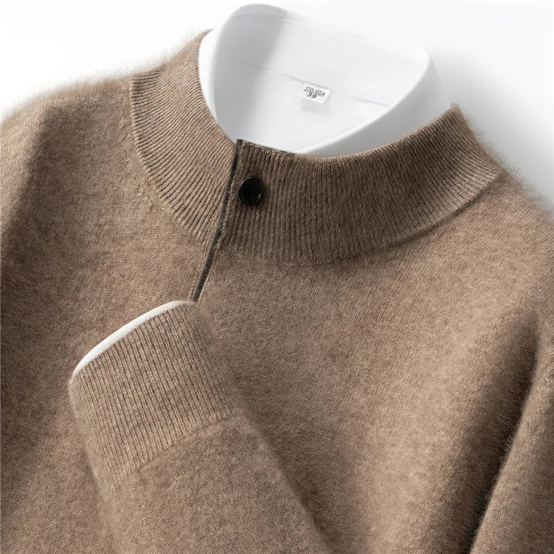 Autumn Winter New Men's Half High Collar Pullover 100% Cashmere Knitted Sweater Casual Business Solid Color Long Sleeve Clothing