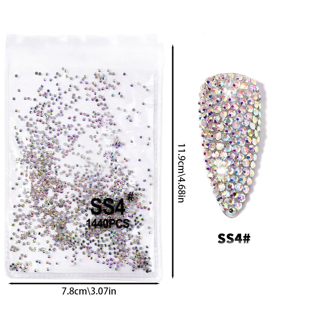 1440pcs Nail Clear/AB Glass Strass FlatBack Crystal Rhinestone (SS3-SS30)3D Nail Gem Stones Non-HotFix Nail Rhinestone