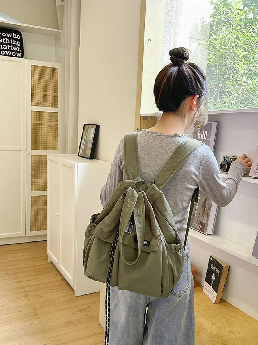 Women 2‑Way Travel Backpack Lightweight Korean Style Casual Shoulder Bag Multifunctional Drawstring Rucksack for College Student
