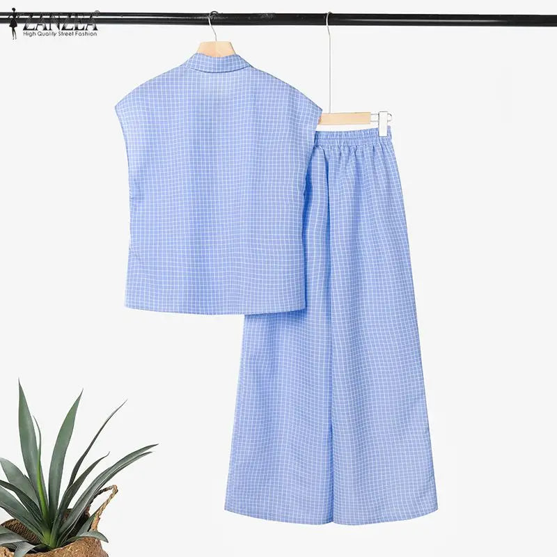 2026 ZANZEA Summer 2 Pieces Sets Elegant Lapel Neck Sleeveless Shirt Pant Sets Plaid Tracksuit Stylish Women OL Work Outfits