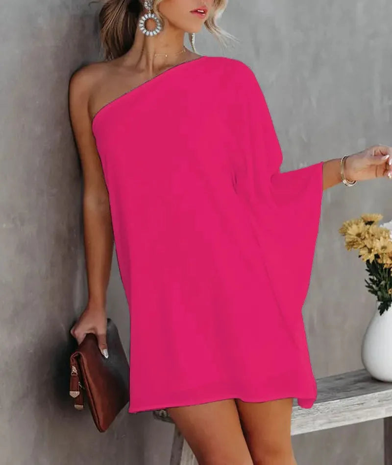 Summer Commuter Women's S-2XL size Dress One Line Diagonal Neck Off Shoulder Solid Color and PrintedMetal Strap Bat Sleeve
