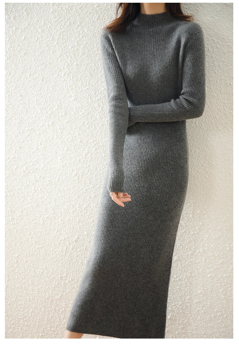 Autumn and winter semi high neck drawstring high elasticity slim fit 100% wool pullover dress, mid length over knee cashmere