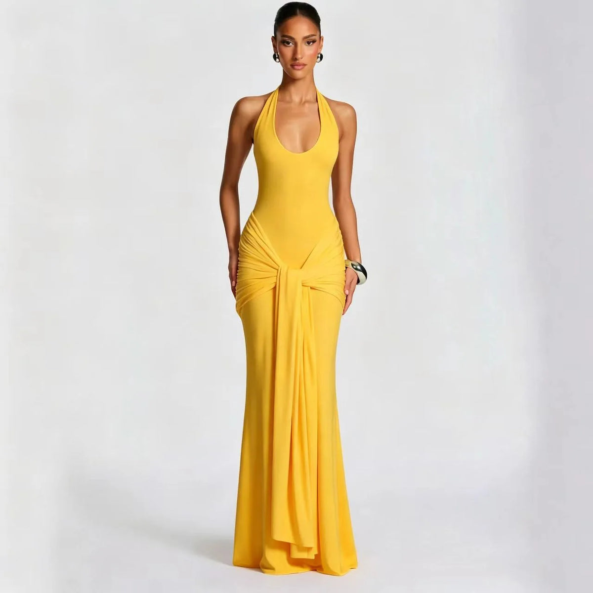 Summer Elegant Evening Dress Women Halter Neck Sleeveless Draped Mermaid Prom Gown Civil Wedding Engagement Party Dress