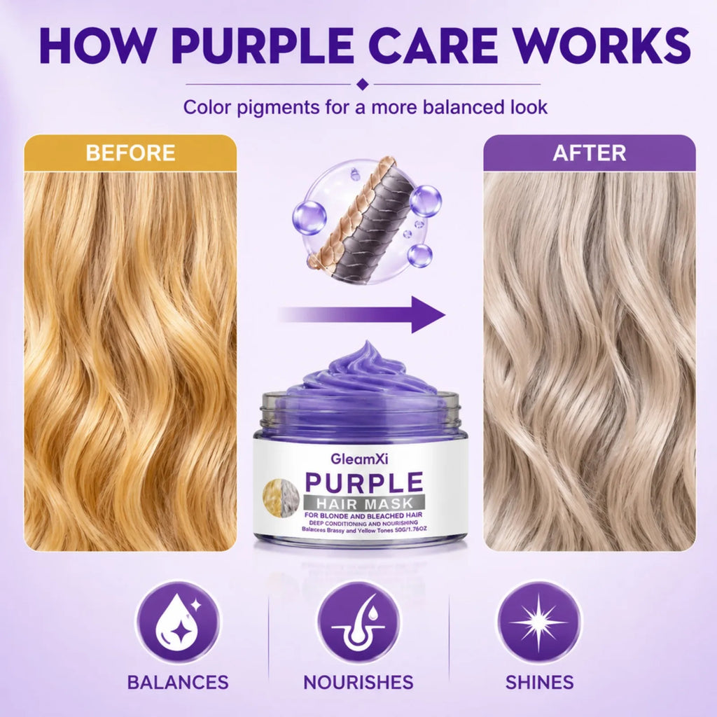 Purple Hair Mask for Blonde Bleached Hair Deep Repair Conditioning Neutralize Brass Yellow Tones Silky Soft Frizz Control 50g