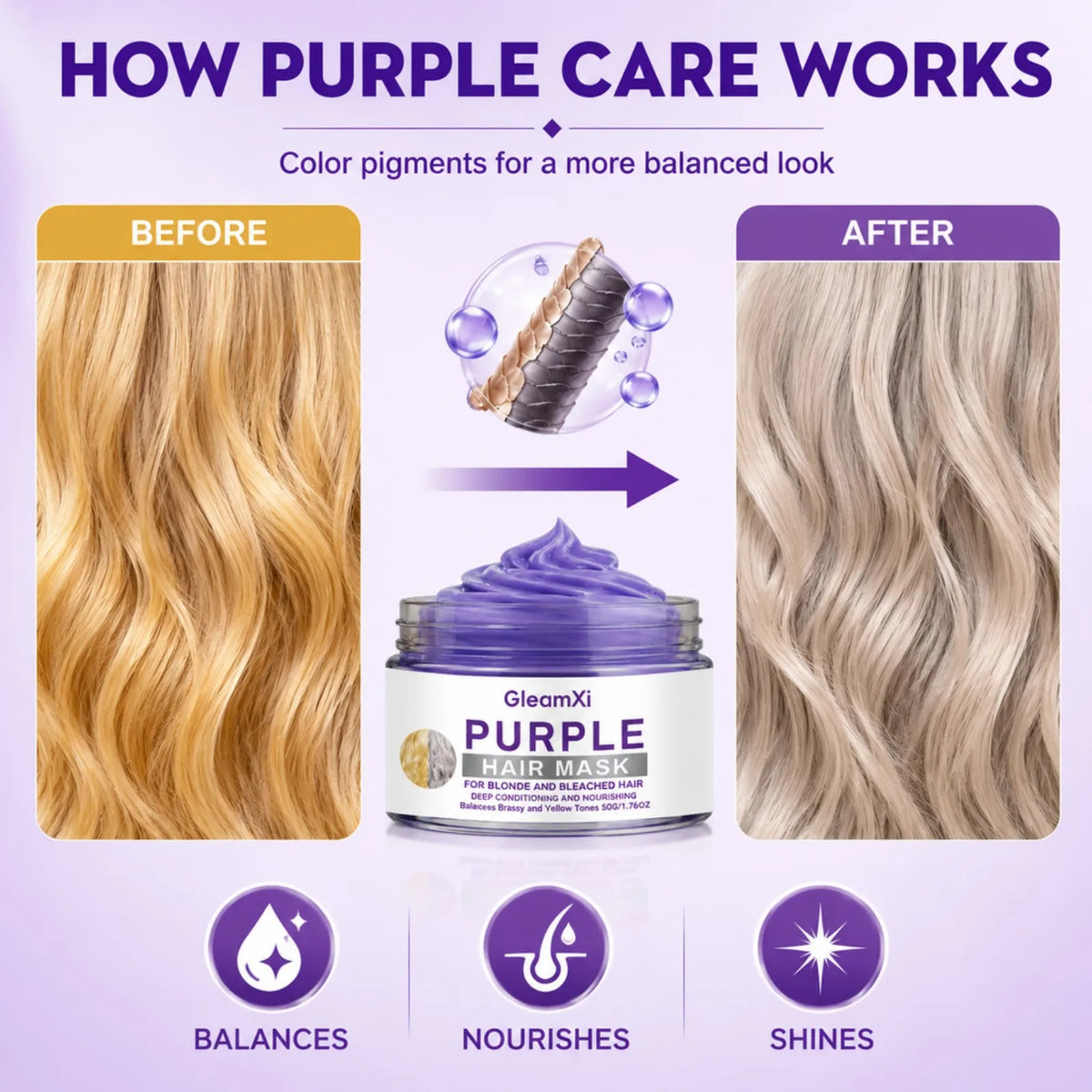 Purple Hair Mask for Blonde Bleached Hair Deep Repair Conditioning Neutralize Brass Yellow Tones Silky Soft Frizz Control 50g