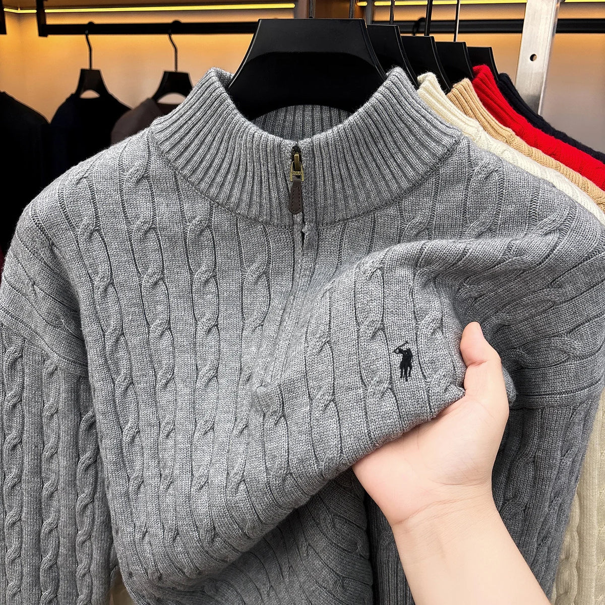 Fashion Half Zipper Sweater Men's Winter Warmth New exquisite jacquard design luxury brand golf pony embroidery knitted pullover
