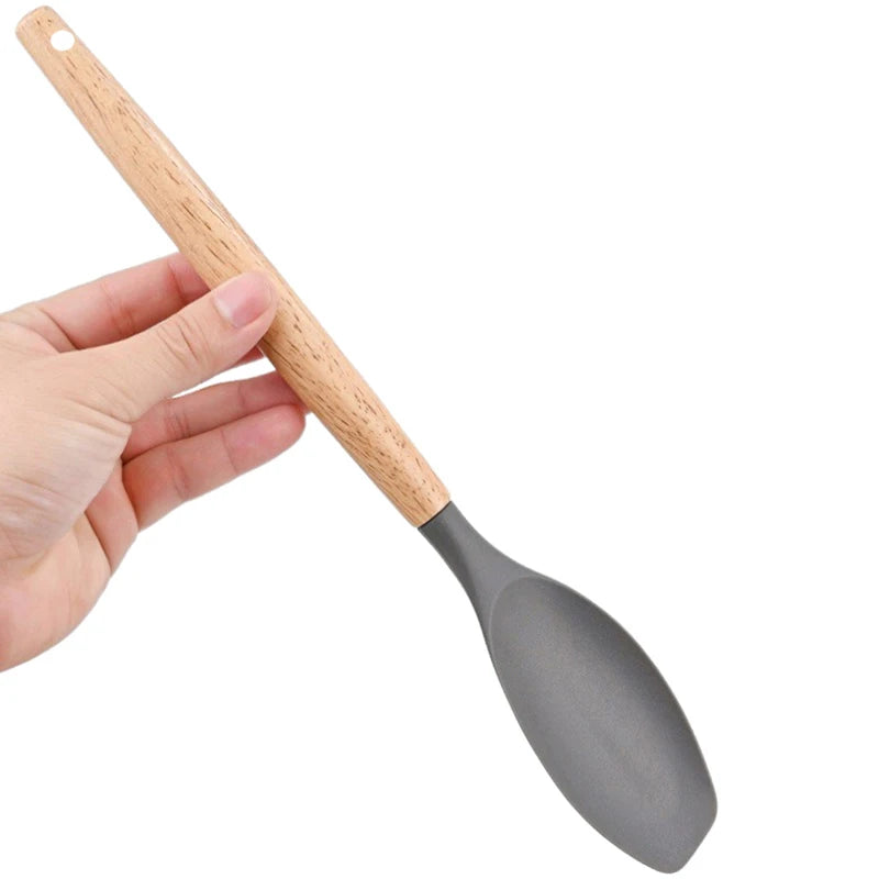 1Pc Silicone Spatula Scoop With Wooden Handle Salad Agitator Pot Scoop Home Cooking Utensils Kitchen Gadgets