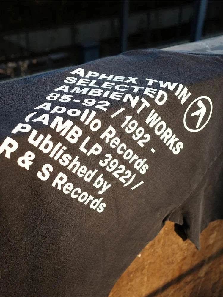 Men T-Shirt Aphex Twin Washed Black Print Short Sleeve Tops Cotton Graphic Oversized Korean Fashion Tees Y2k Streetwear Clothing