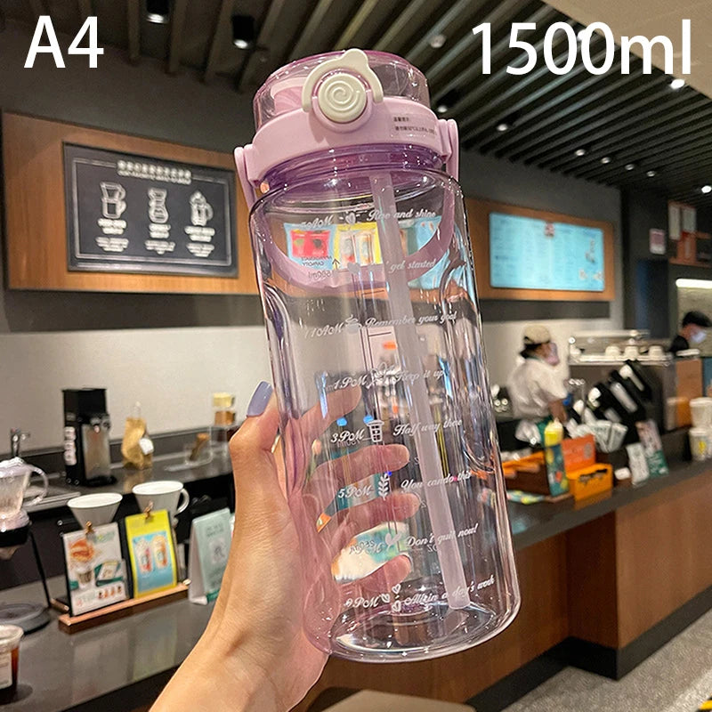 1.5/2Liter Sport Straw Water Bottle With Time Scale Plastic Summer Cold Juice Water Cup Large Capacity Portable Travel Bottles
