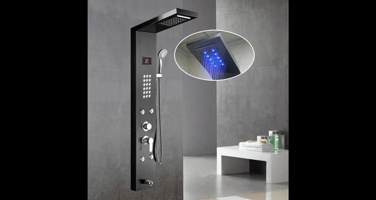 Luxury Black Color Thermostatic Led Rain Shower Head Bathroom Stainless Steel Wall Mounted Waterfall Shower Panels