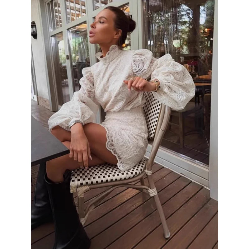 Spring 2026 Women's Lace Hollow out Mini Dress Two-Piece Set with Elegant Long Sleeve High Neck Design Chic Club Night Outfit