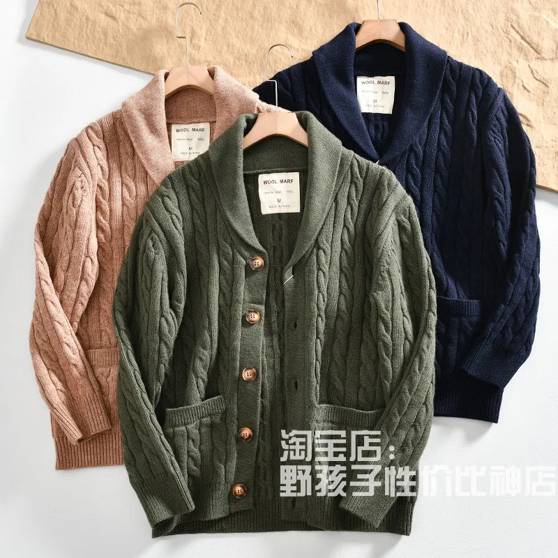 100% Wool Men's Scandinavian Style Shawl Collar Cardigan Nordic Knit Sweater Jacket for Autumn/Winter