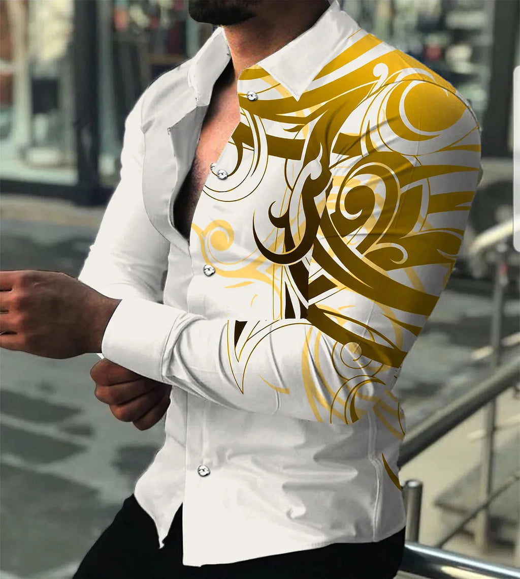 2023 New Men's Luxury Social Shirt Lapel Button Shirt Casual Printing Long-Sleeved Men's Club Prom Cardigan Street Top