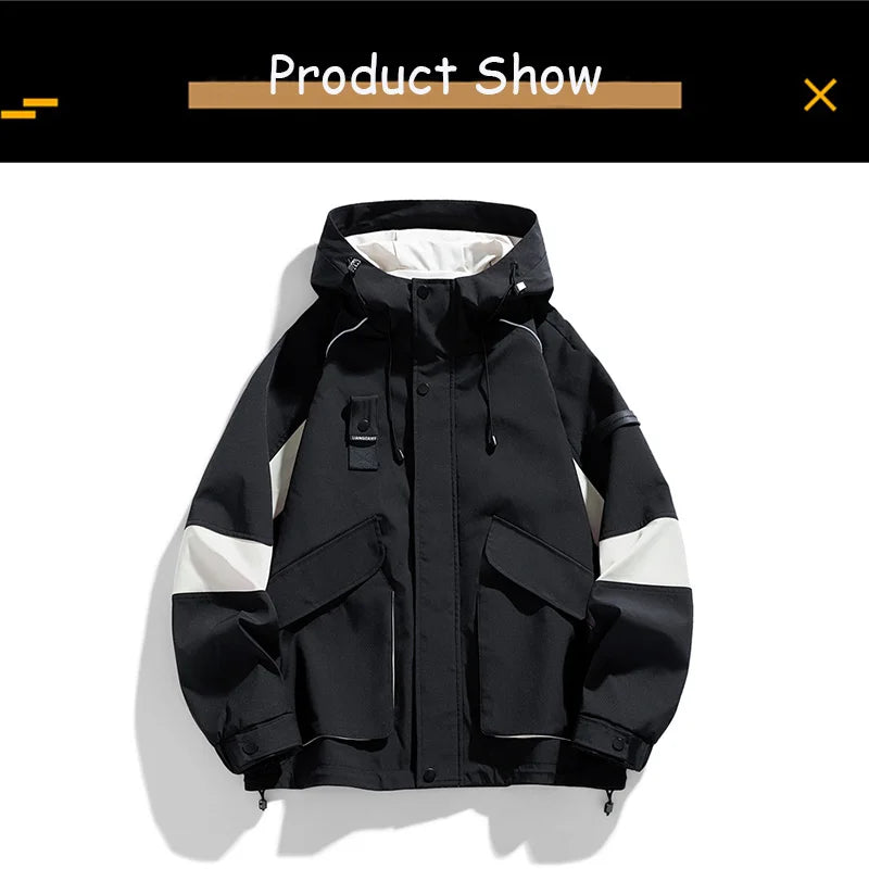 2026 Men Spring Autumn Outdoor Leisure Cargo Hooded Jacket Men Hiking Sport Windbreak Fashion Pocket Loose Jacket Coat Male Hots
