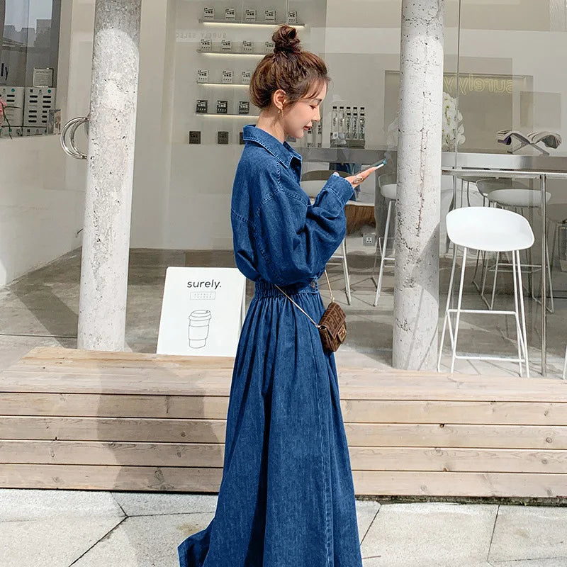 Denim long dress women A-line high waisted long sleeves casual roupas femininas