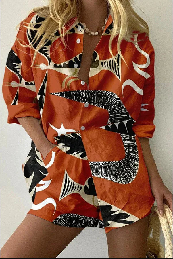 Fashion Lapel Short-sleeved Single-breasted Shirt Top + Shorts 2-piece Set Women Elegant Summer Print Loose Casual Suit Female